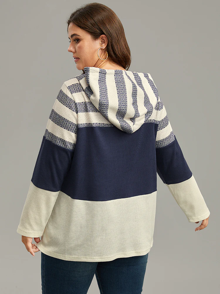Waffle Knit Striped Colorblock Hooded Sweatshirt - Image 5
