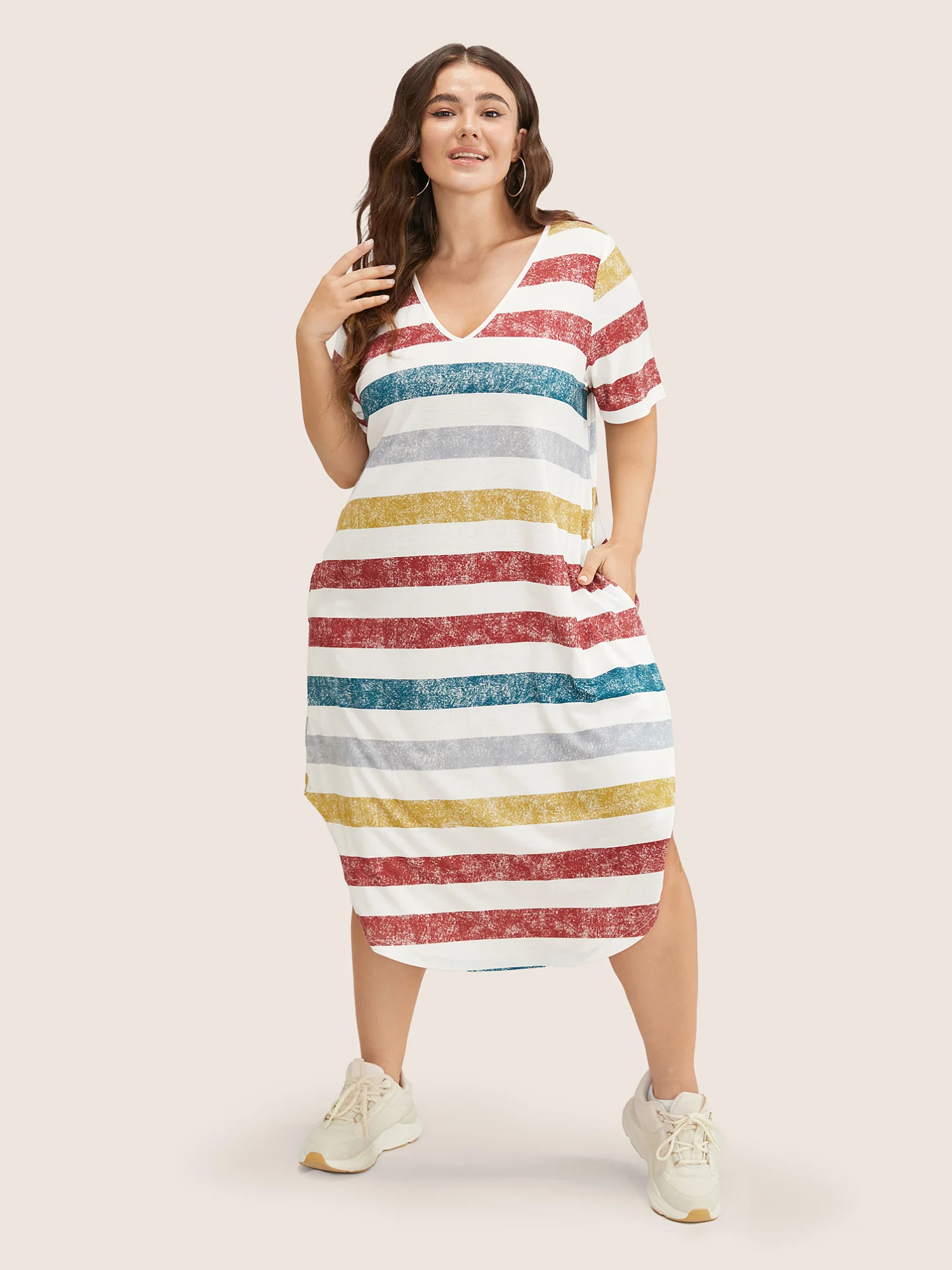 Striped Contrast Arc Hem V Neck Pocket Dress - Image 2
