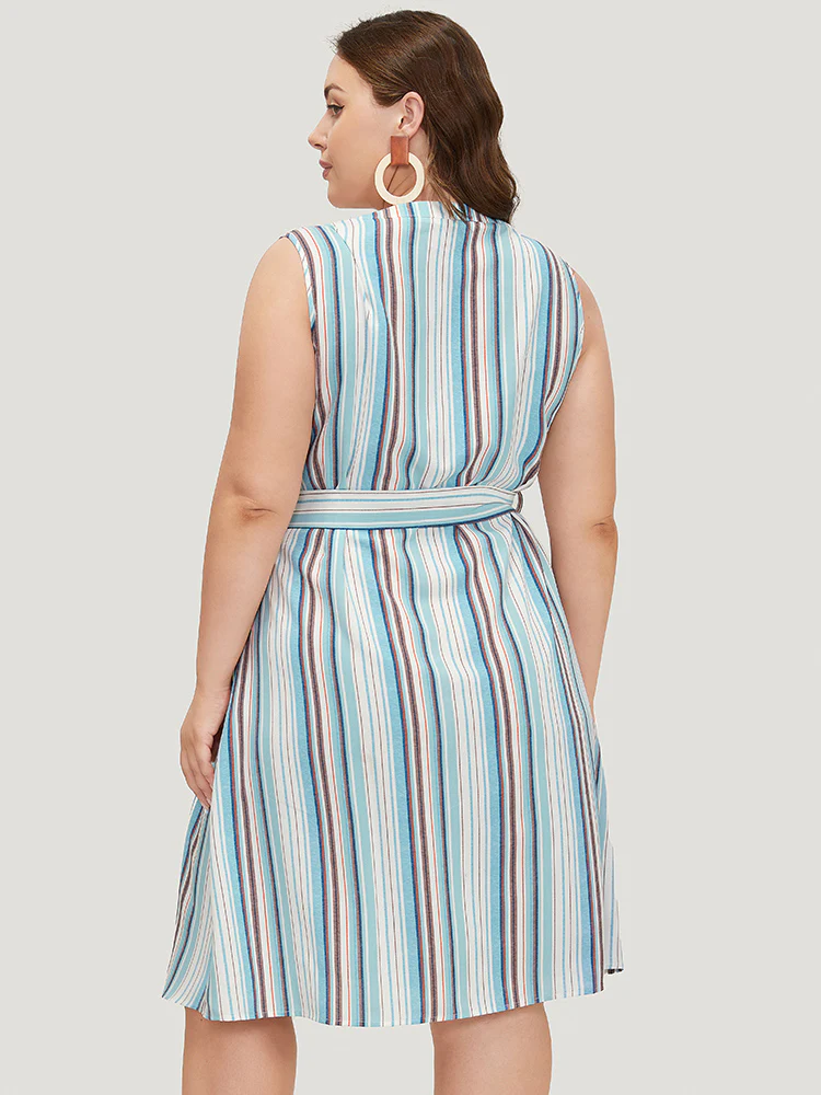 Striped Contrast Belted Pocket Notched Tank Dress - Image 2