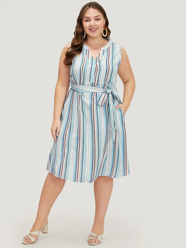 Striped Contrast Belted Pocket Notched Tank Dress - Image 3