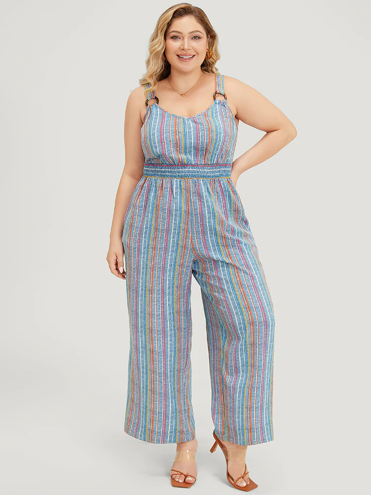 Striped Contrast Buckle Detail Pocket Shirred Jumpsuit - Image 2