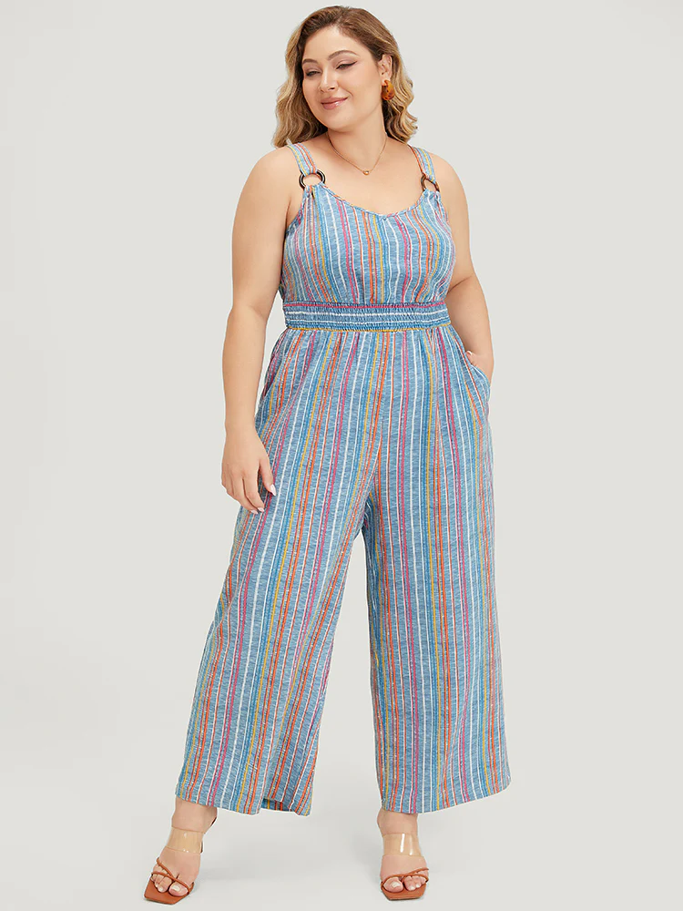 Striped Contrast Buckle Detail Pocket Shirred Jumpsuit - Image 3