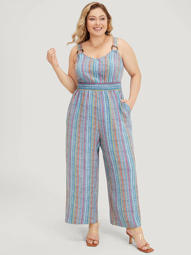 Striped Contrast Buckle Detail Pocket Shirred Jumpsuit - Image 4