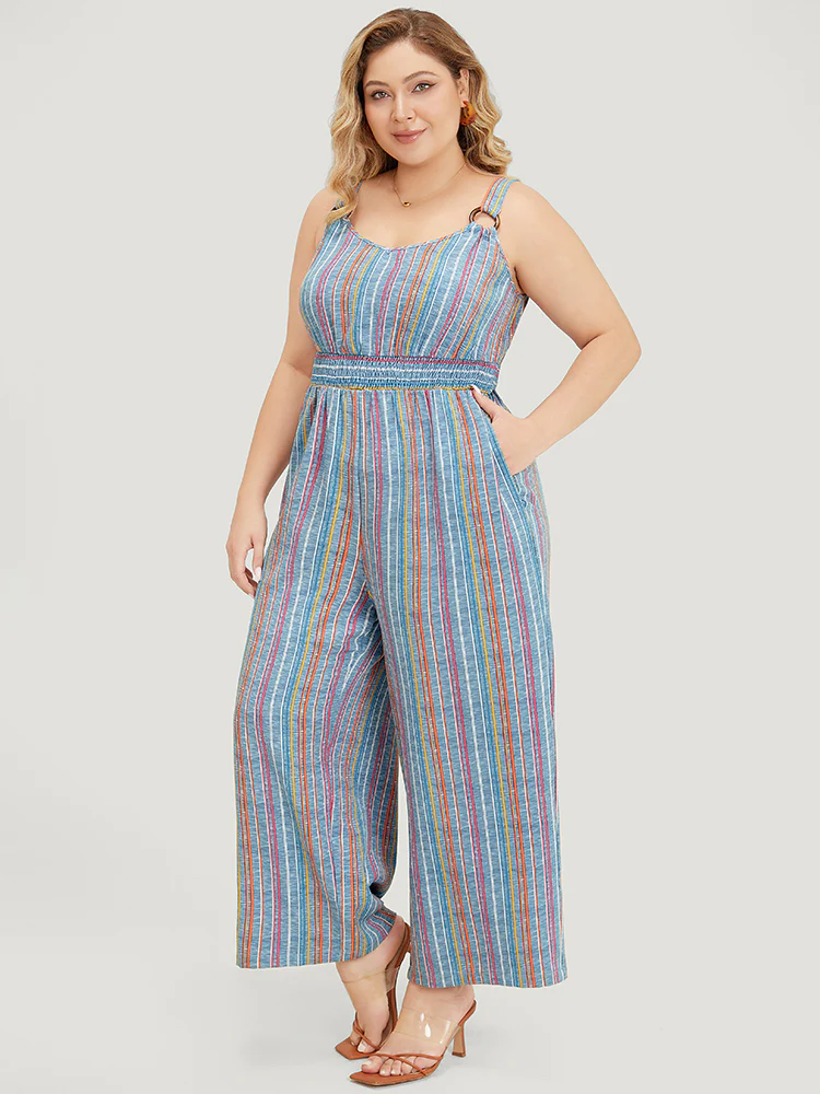 Striped Contrast Buckle Detail Pocket Shirred Jumpsuit - Image 5