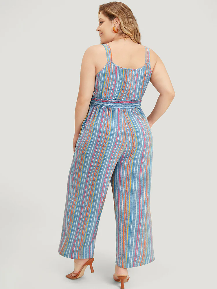Striped Contrast Buckle Detail Pocket Shirred Jumpsuit - Image 6