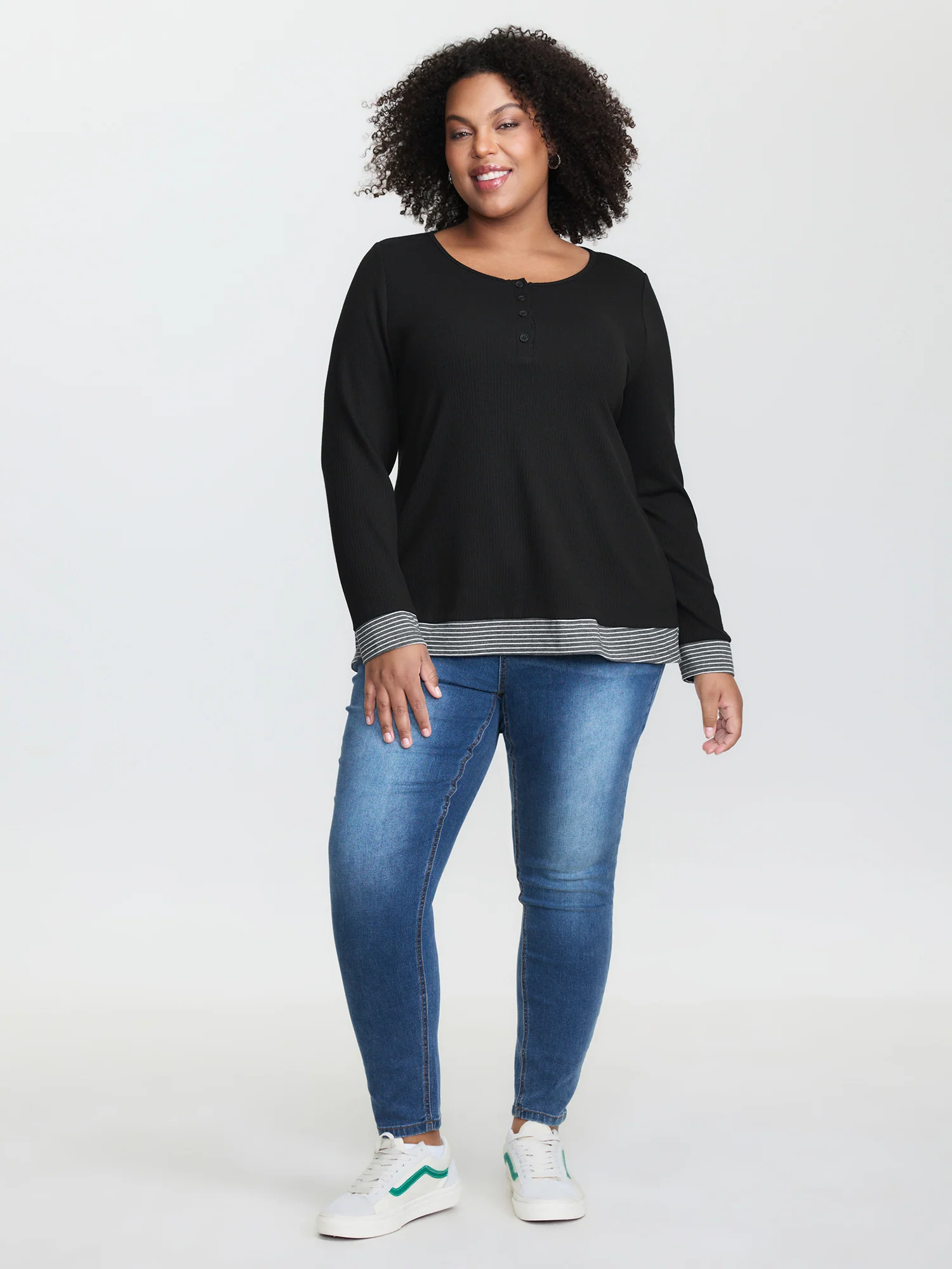 Striped Contrast Button Placket T-Shirt - Image 2