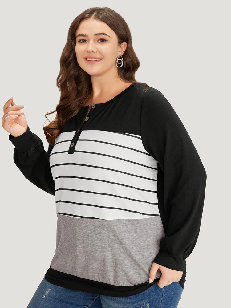 Striped Contrast Button Up Elastic cuffs Sweatshirt - Image 3