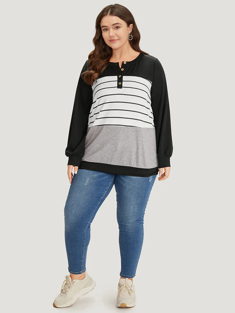 Striped Contrast Button Up Elastic cuffs Sweatshirt - Image 4
