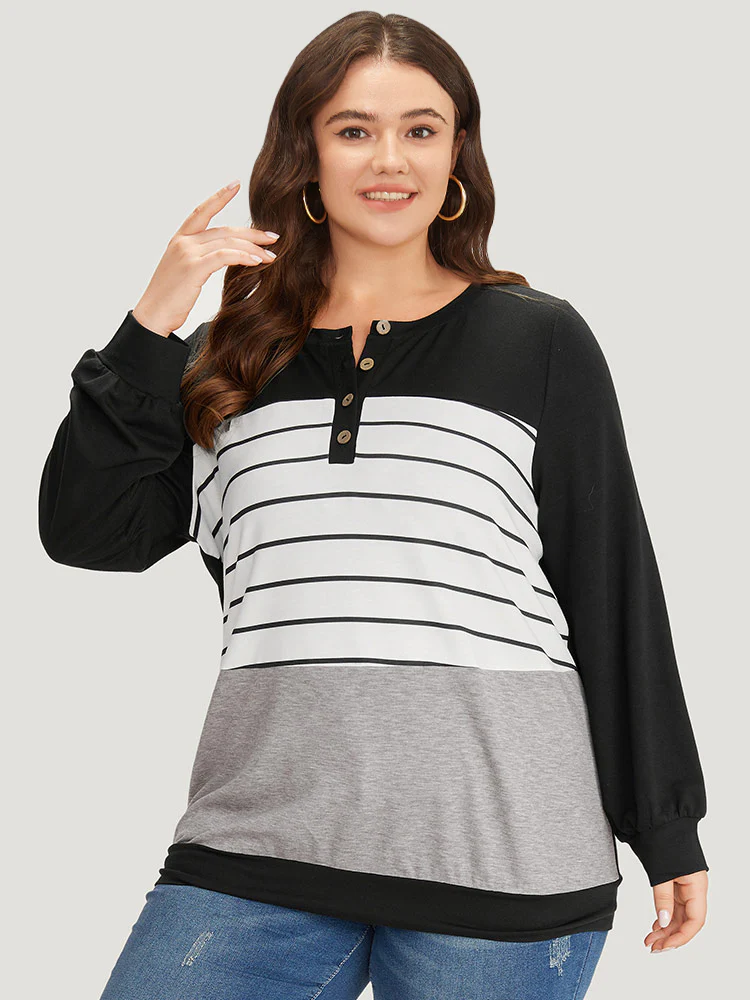 Striped Contrast Button Up Elastic cuffs Sweatshirt - Image 5