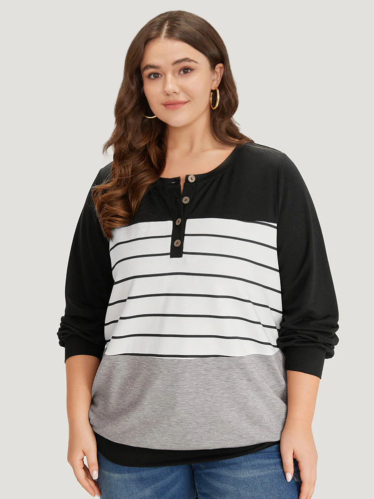 Striped Contrast Button Up Elastic cuffs Sweatshirt - Image 6