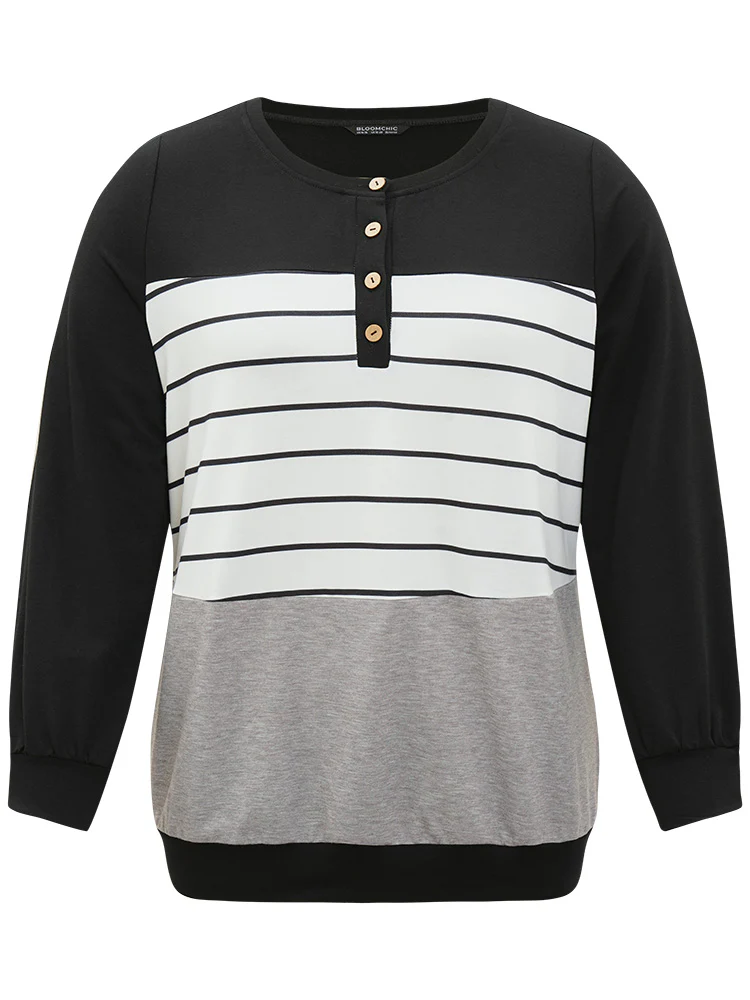 Striped Contrast Button Up Elastic cuffs Sweatshirt - Image 9