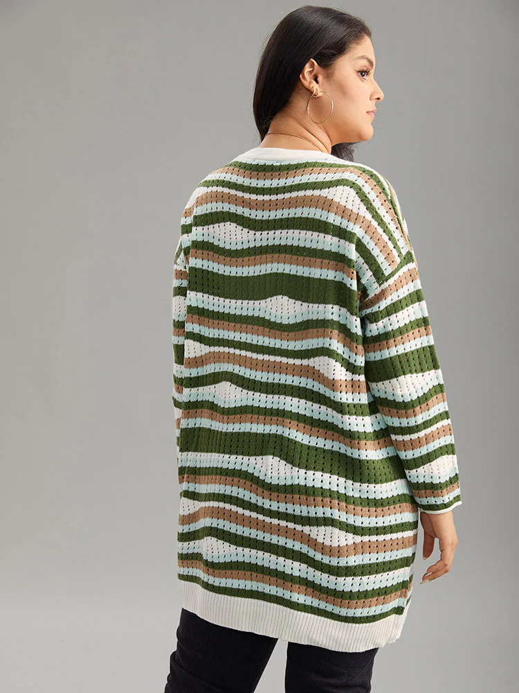 Striped Contrast Button Up Hollow Out Cardigan - Image 2