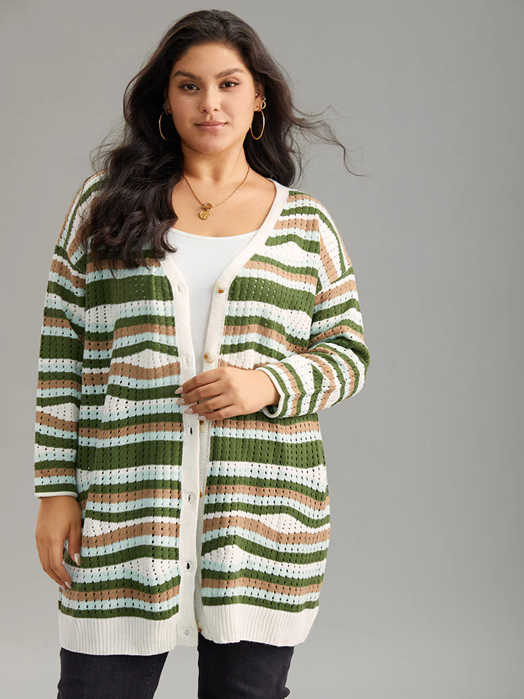 Striped Contrast Button Up Hollow Out Cardigan - Image 3