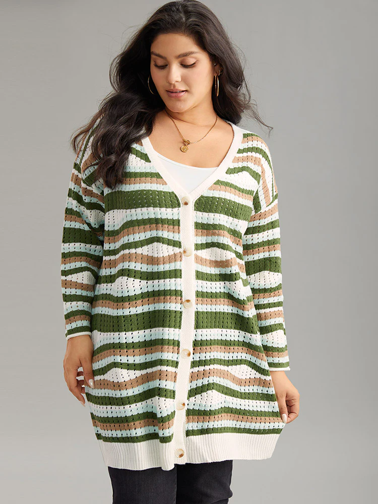 Striped Contrast Button Up Hollow Out Cardigan - Image 4