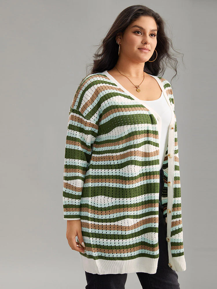Striped Contrast Button Up Hollow Out Cardigan - Image 5
