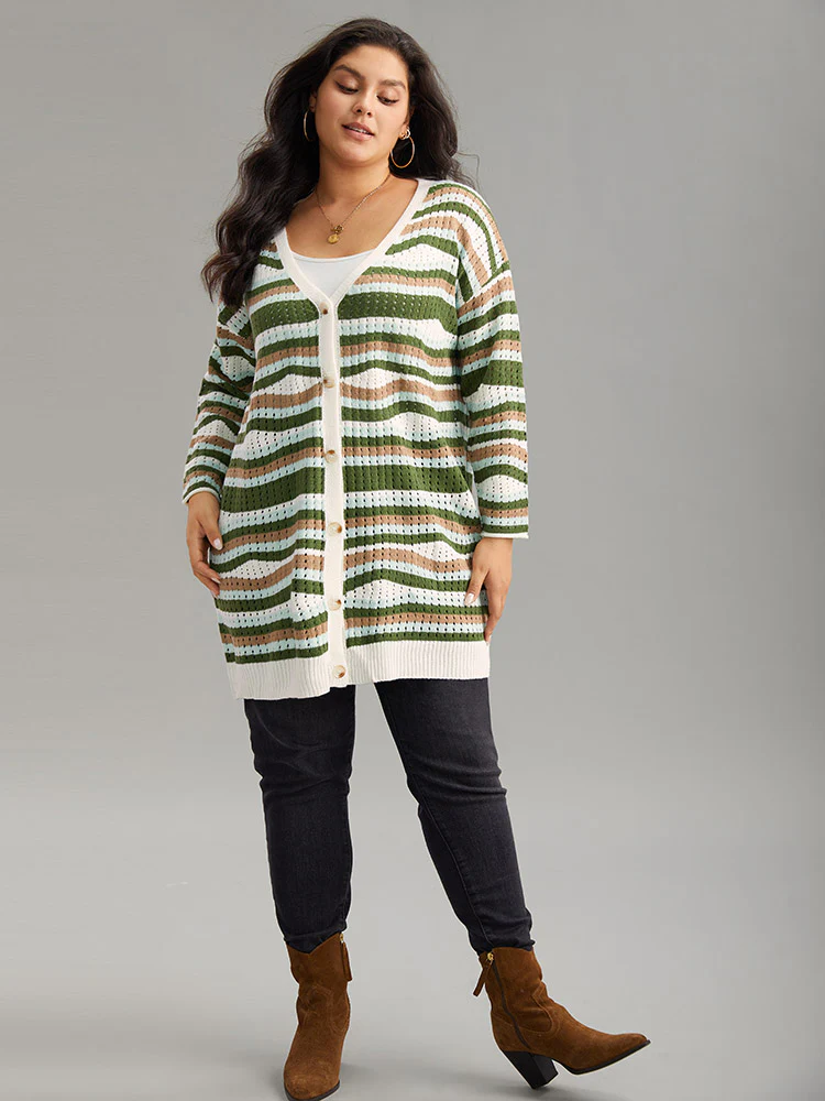 Striped Contrast Button Up Hollow Out Cardigan - Image 6