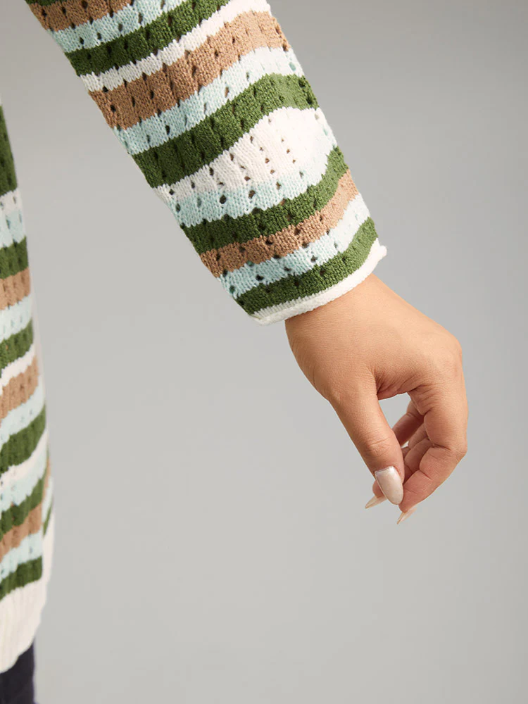Striped Contrast Button Up Hollow Out Cardigan - Image 7