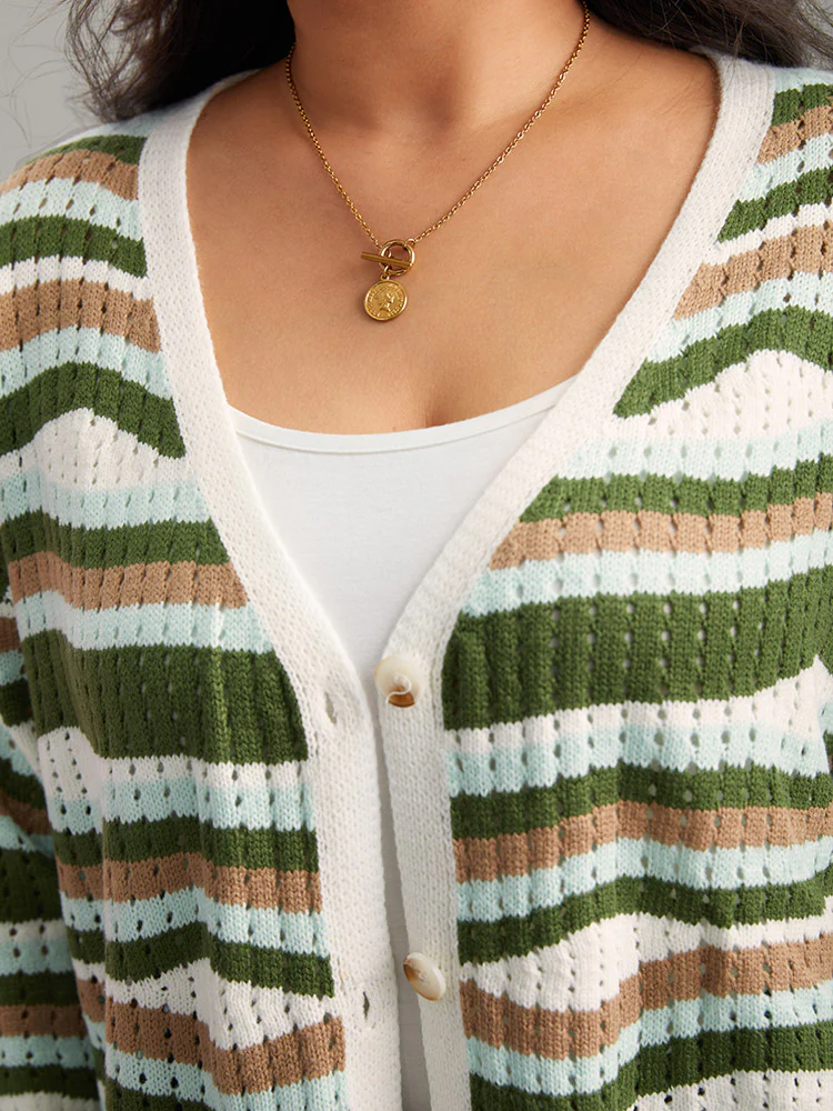 Striped Contrast Button Up Hollow Out Cardigan - Image 8