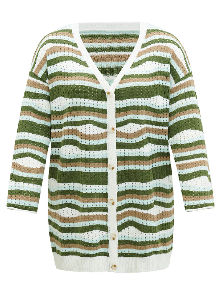 Striped Contrast Button Up Hollow Out Cardigan - Image 9