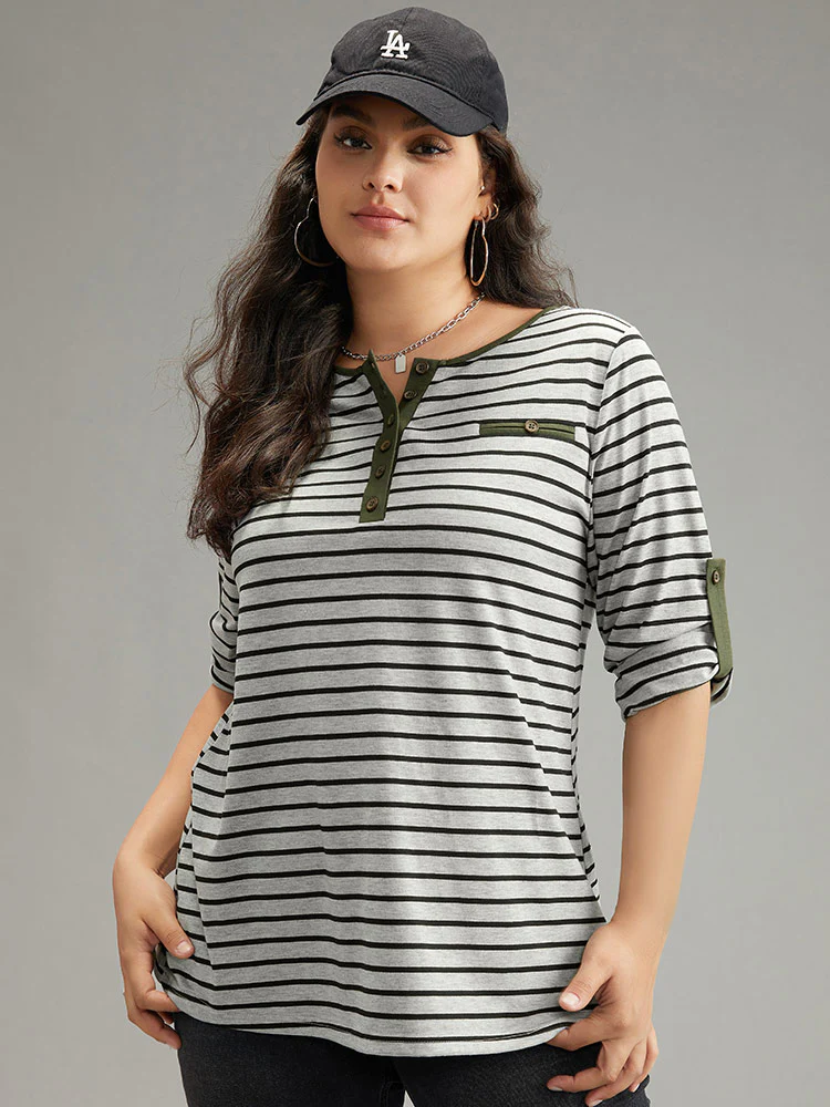Striped Contrast Button Up Tab Sleeve T-shirt - Image 2