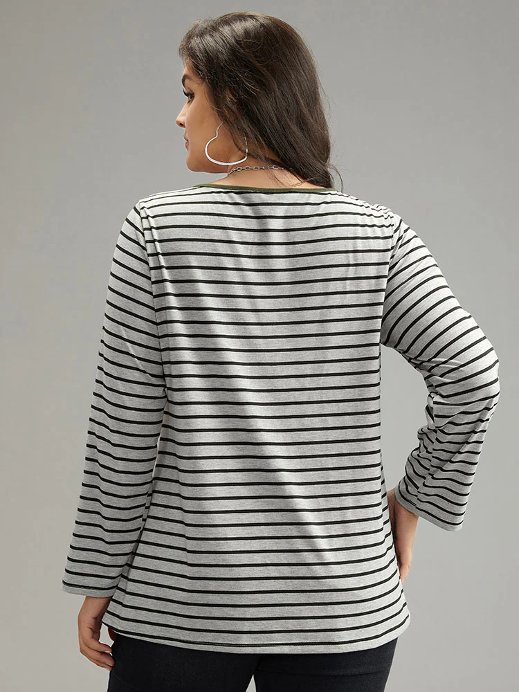 Striped Contrast Button Up Tab Sleeve T-shirt - Image 3