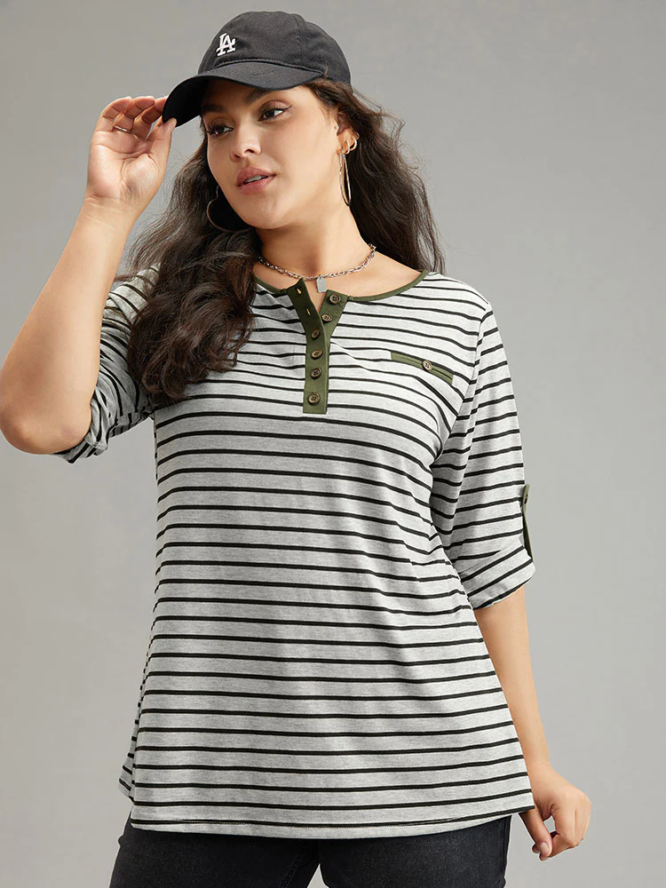 Striped Contrast Button Up Tab Sleeve T-shirt - Image 4