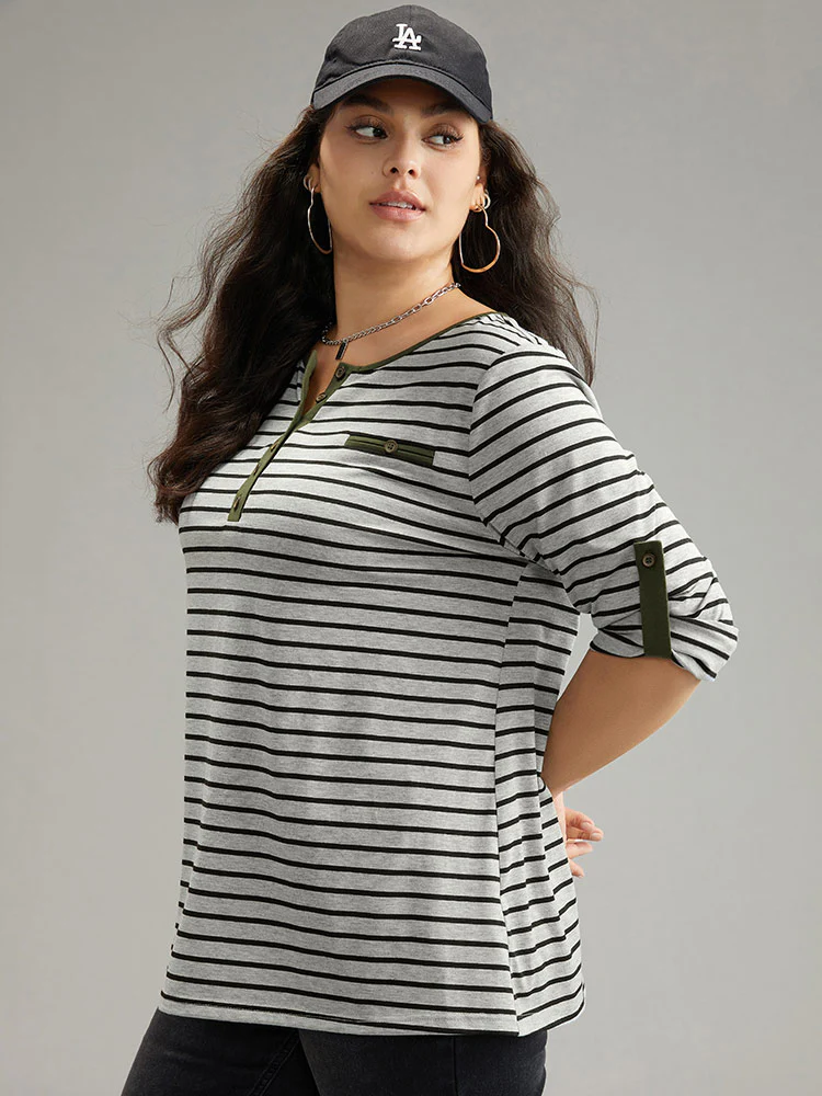 Striped Contrast Button Up Tab Sleeve T-shirt - Image 5