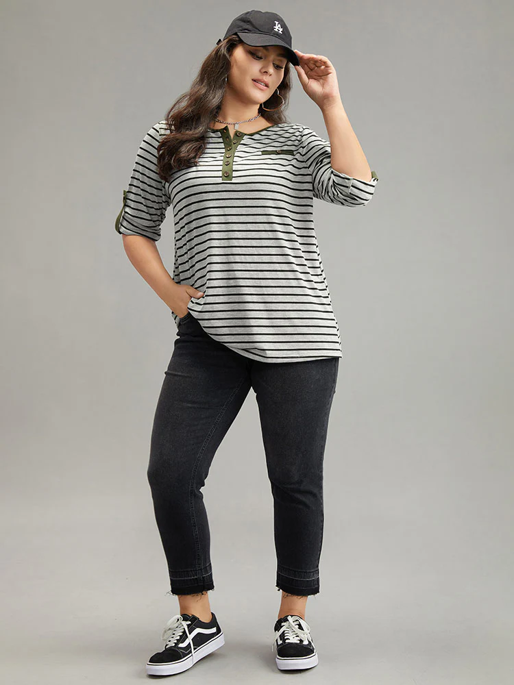 Striped Contrast Button Up Tab Sleeve T-shirt - Image 6