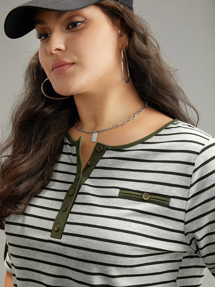 Striped Contrast Button Up Tab Sleeve T-shirt - Image 7