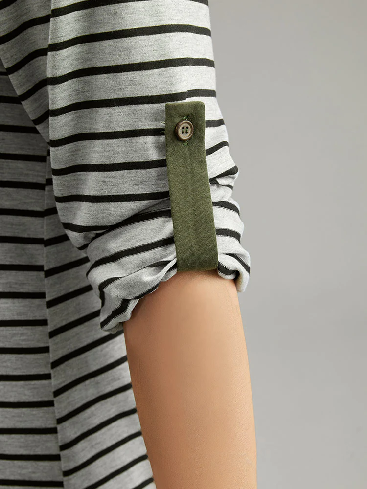 Striped Contrast Button Up Tab Sleeve T-shirt - Image 8