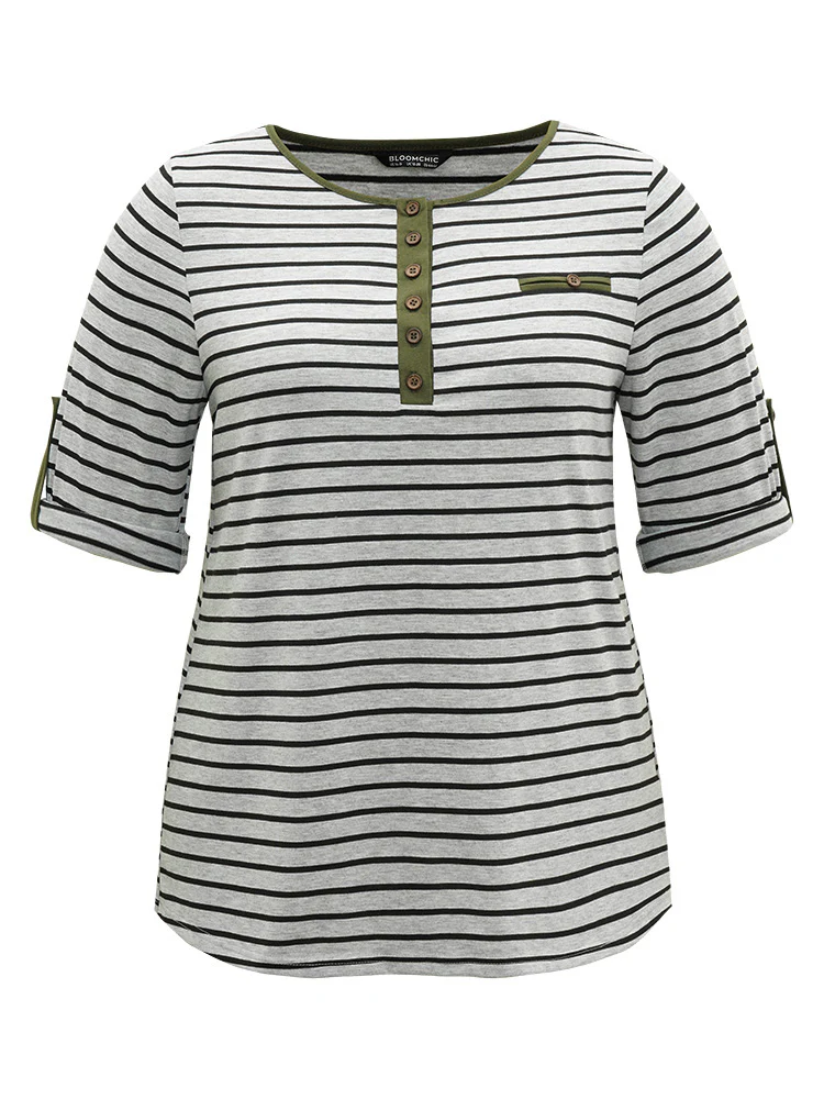 Striped Contrast Button Up Tab Sleeve T-shirt - Image 9