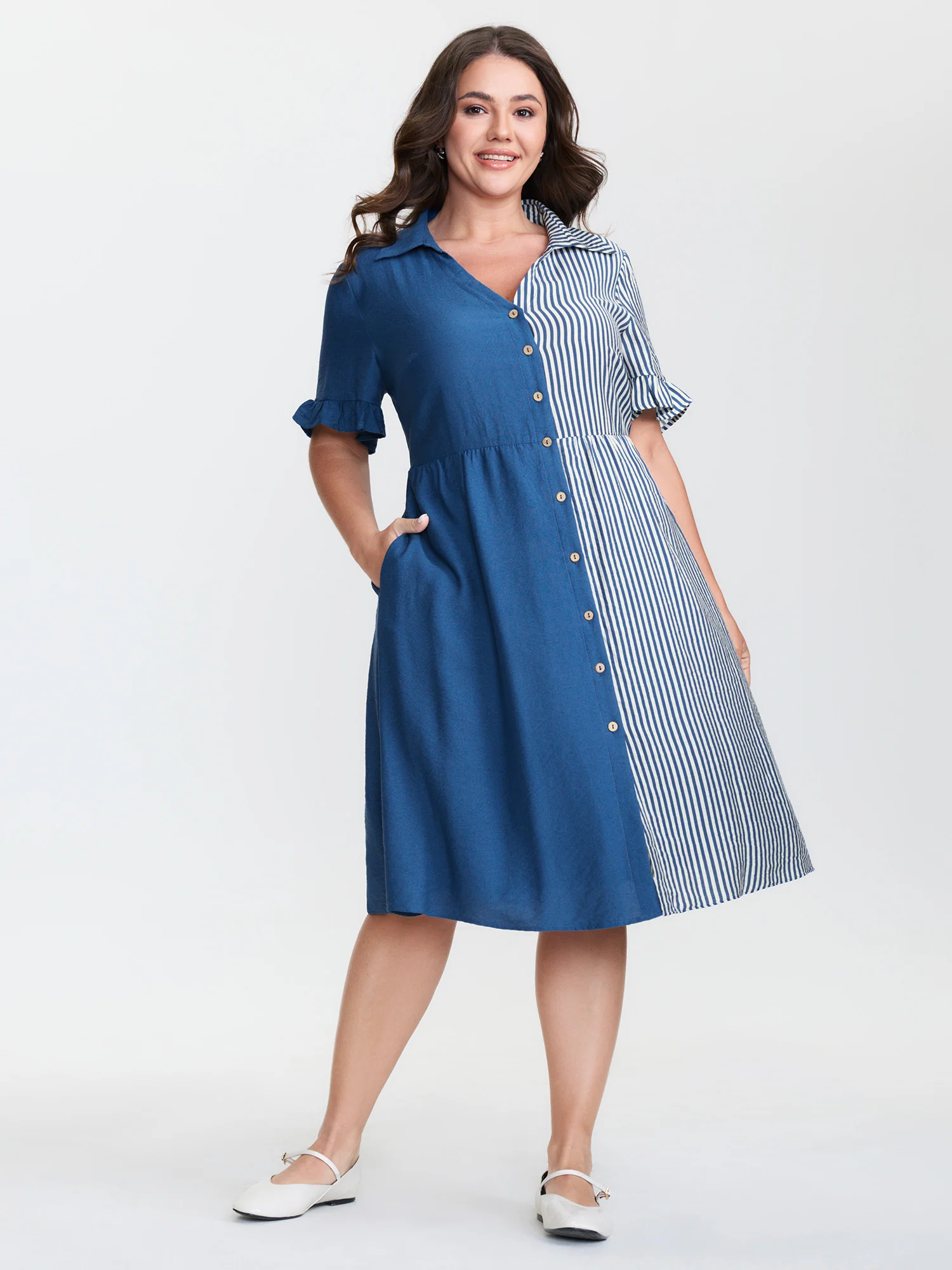 Striped Contrast Collar Button Midi Dress - Image 4