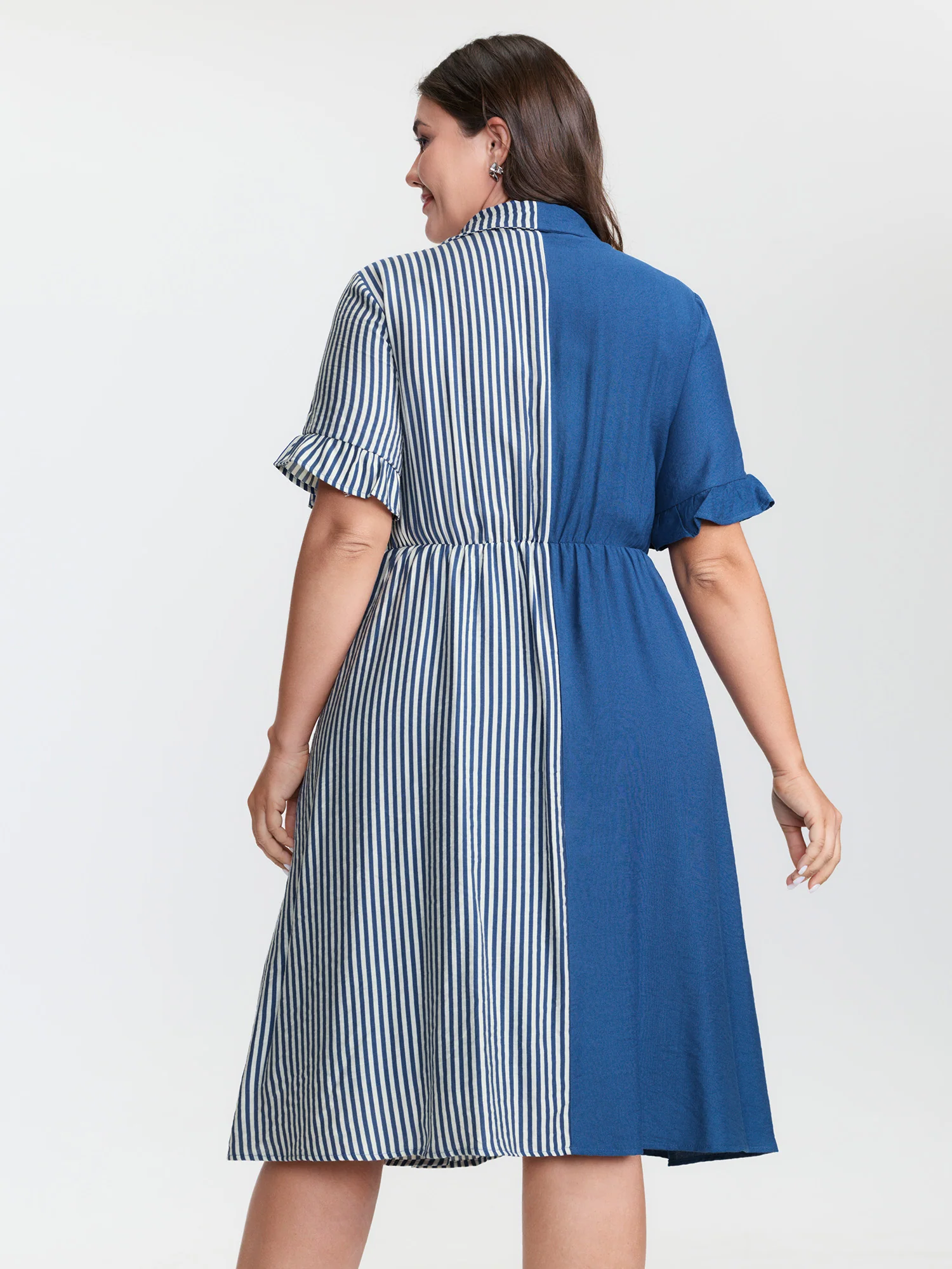 Striped Contrast Collar Button Midi Dress - Image 5
