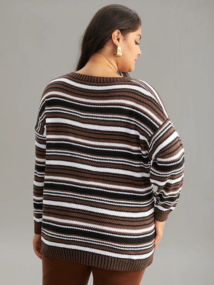 Striped Contrast Crew Neck Drop Shoulder Pullover - Image 2