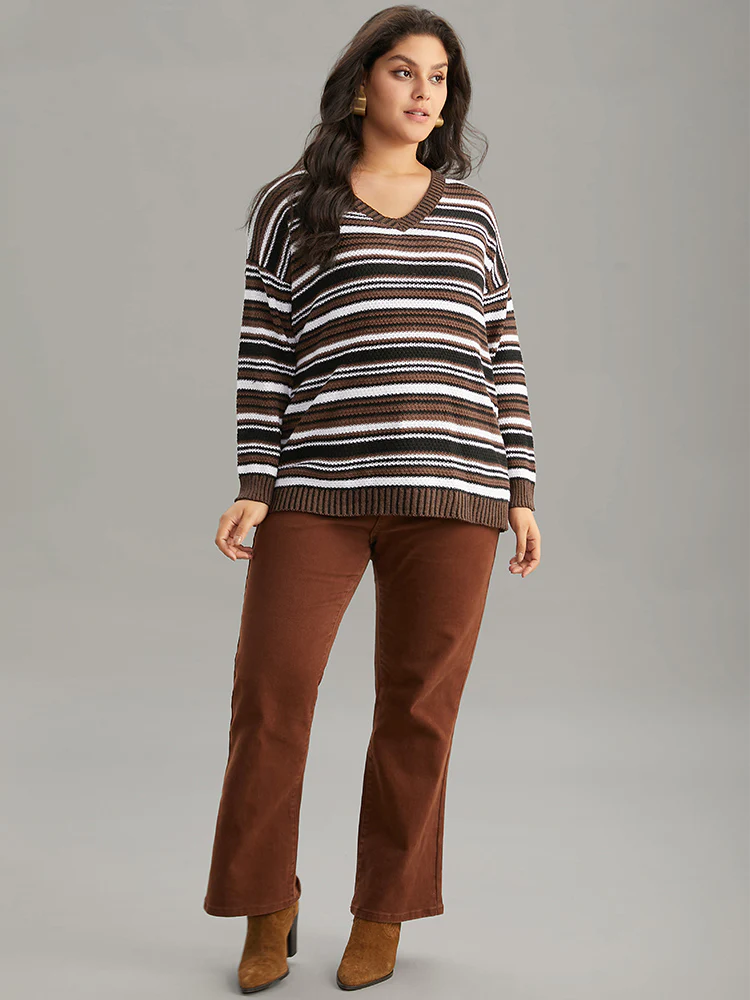 Striped Contrast Crew Neck Drop Shoulder Pullover - Image 3
