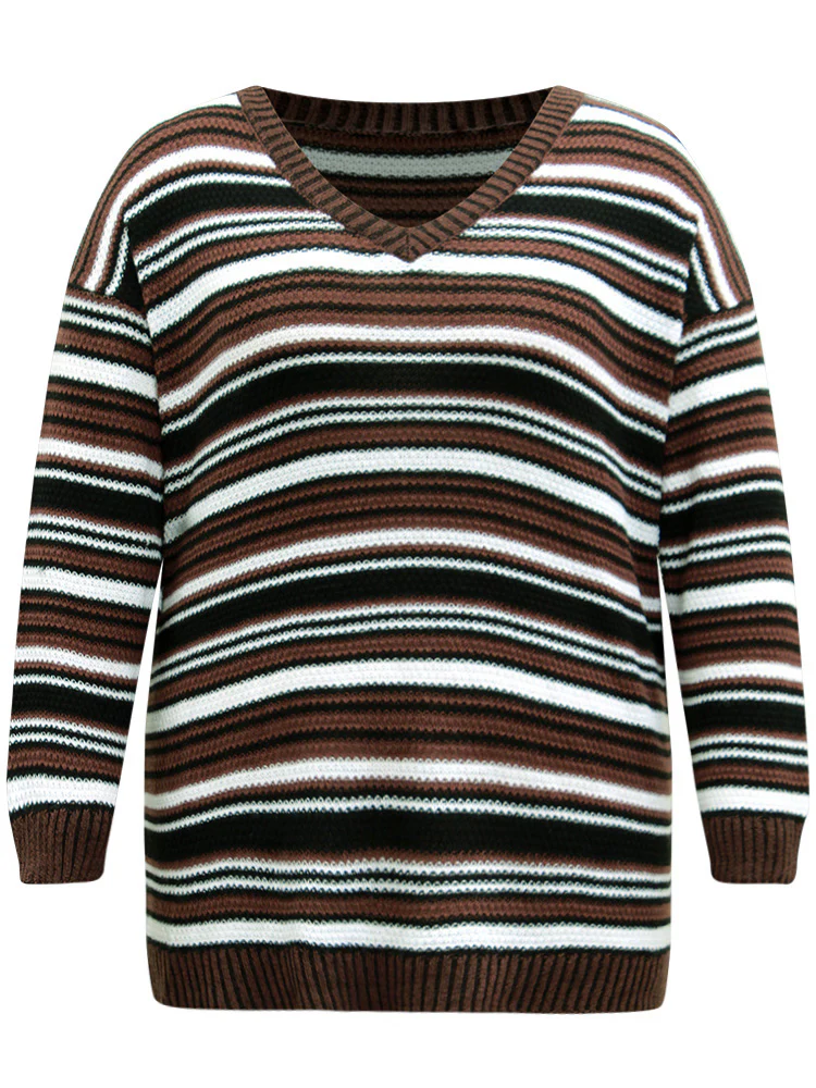 Striped Contrast Crew Neck Drop Shoulder Pullover - Image 5