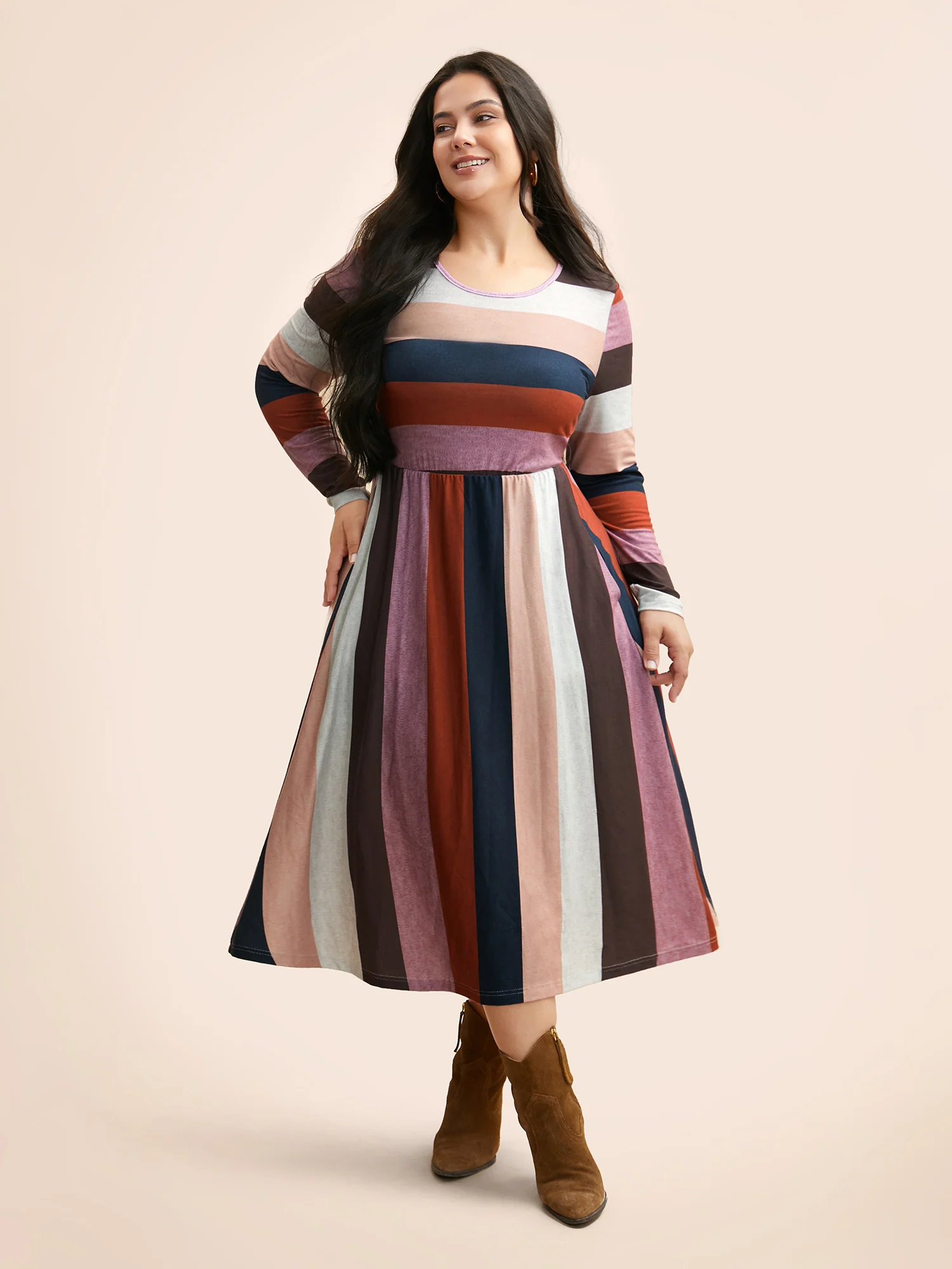 Striped Contrast Crew Neck Knit Dress - Image 4