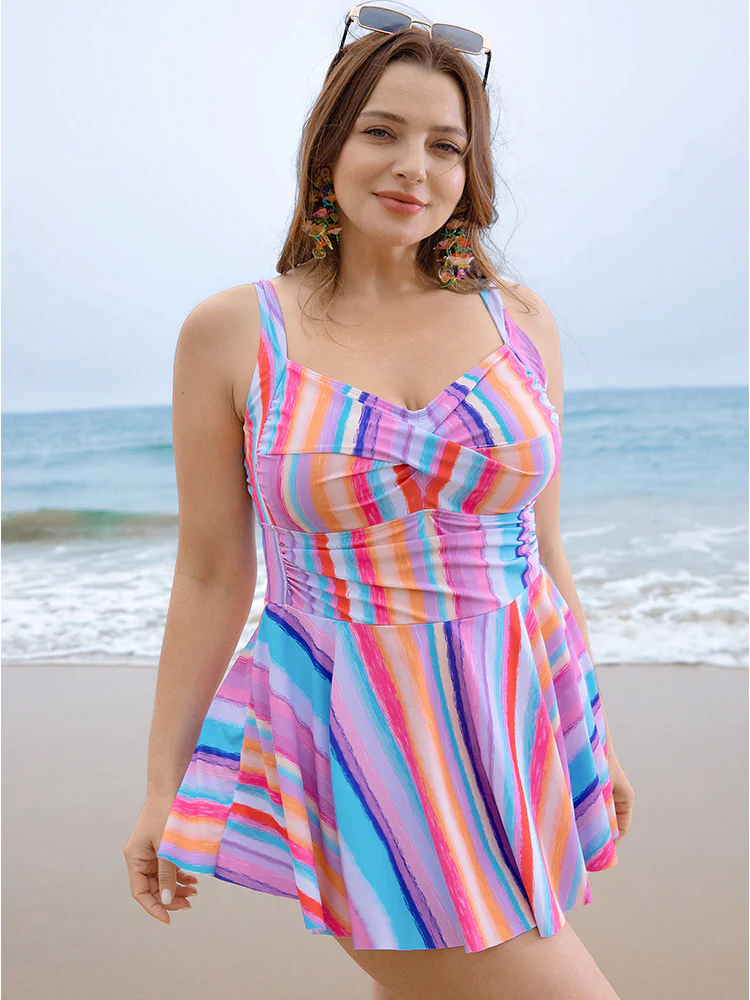Striped Contrast Crossover Empire Waist Swim Dress - Image 3