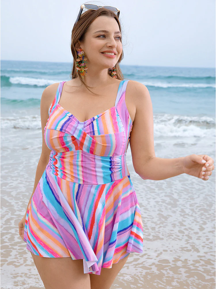 Striped Contrast Crossover Empire Waist Swim Dress - Image 6