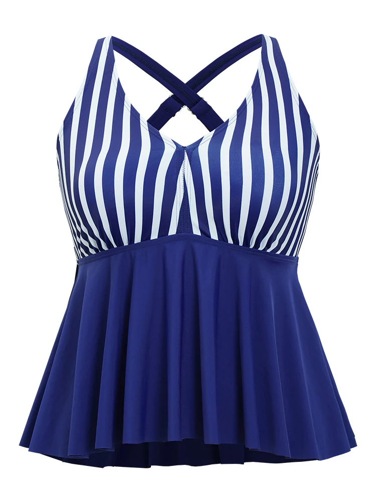 Striped Contrast Crossover Ruffle Hem Tankini Top - Image 10