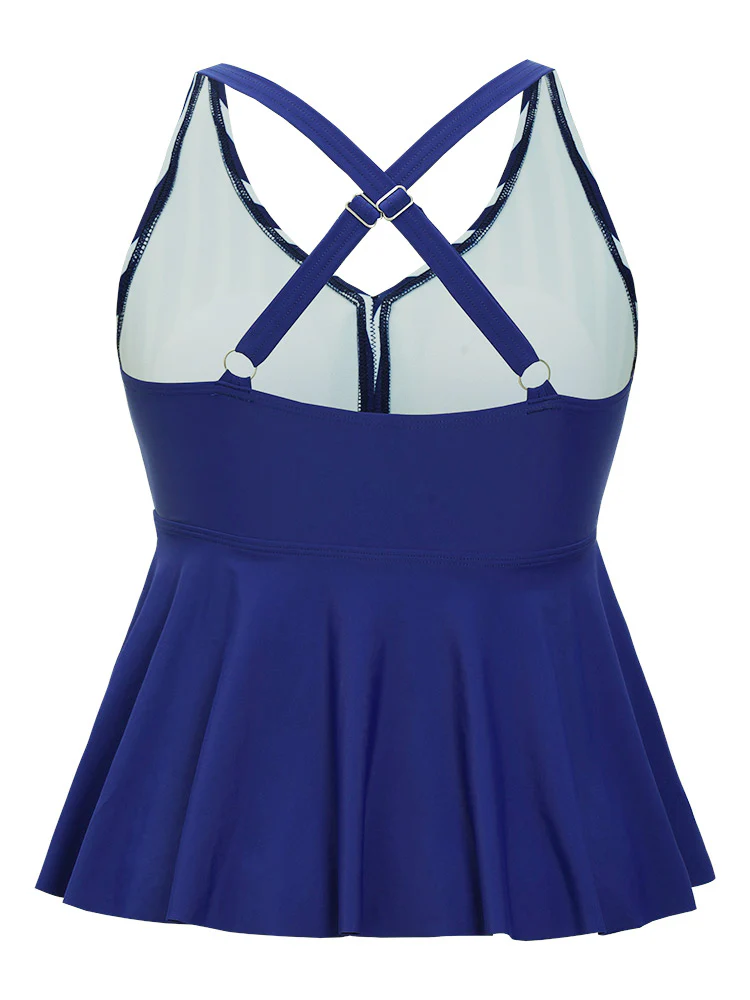 Striped Contrast Crossover Ruffle Hem Tankini Top - Image 11