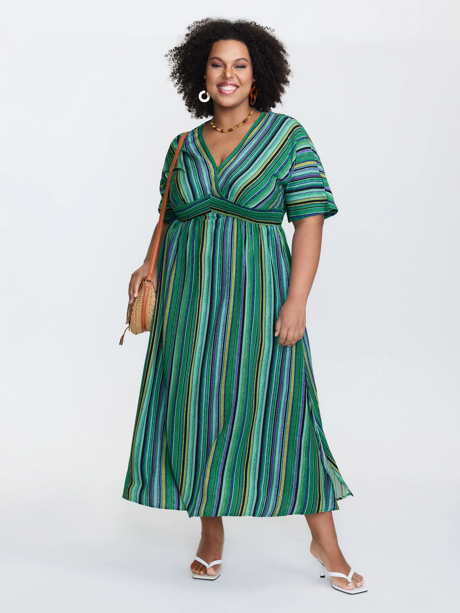 Striped Contrast Dolman Sleeve Shirred Pocket Split Flutter Dress - Image 10