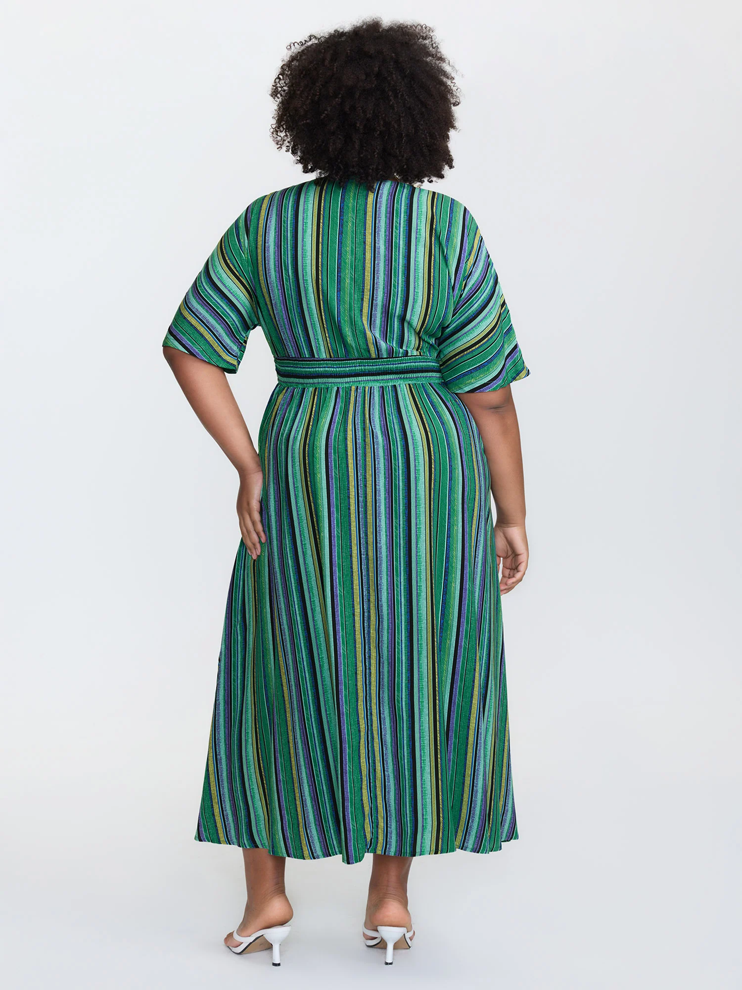 Striped Contrast Dolman Sleeve Shirred Pocket Split Flutter Dress - Image 11