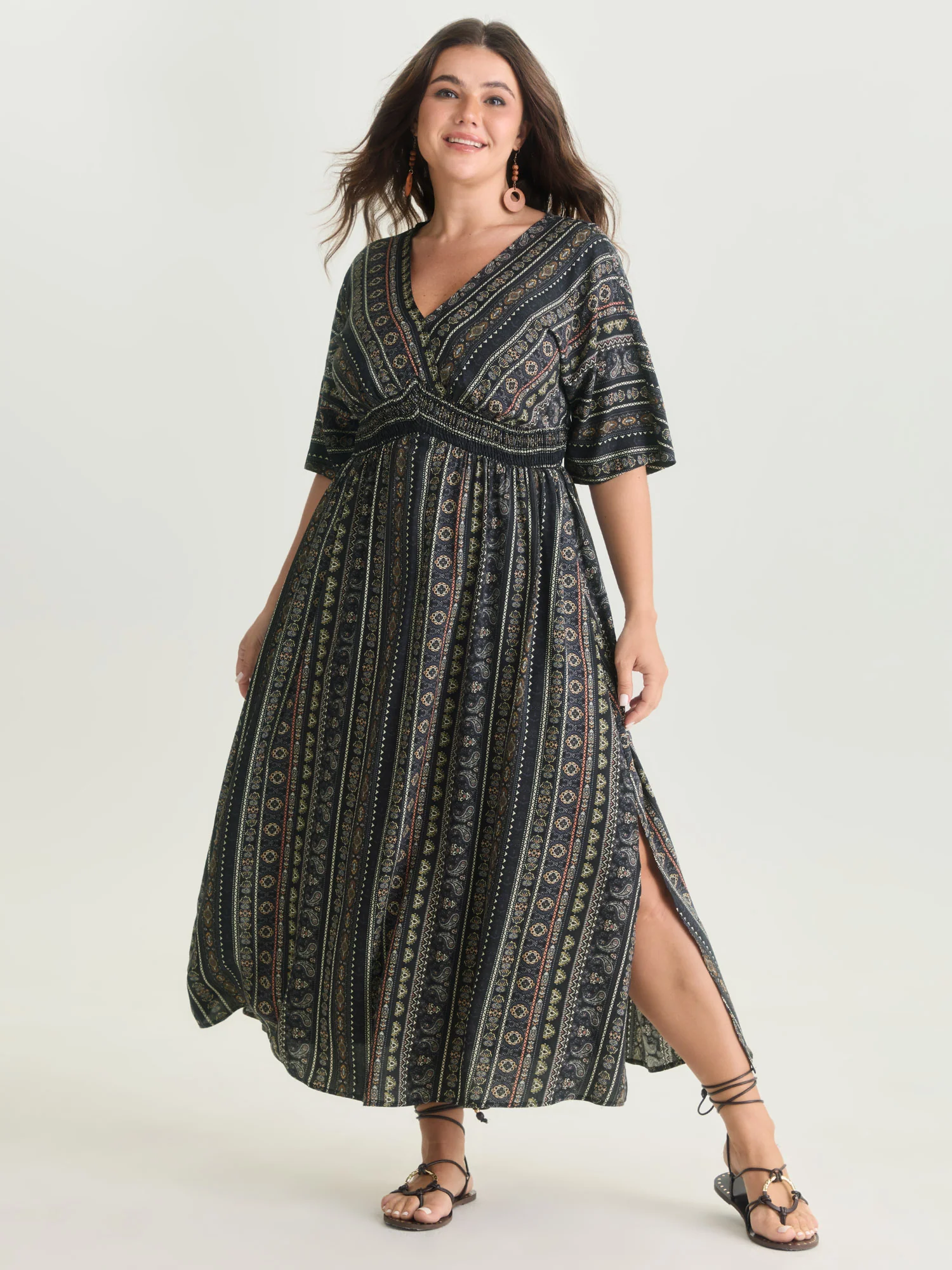 Striped Contrast Dolman Sleeve Shirred Pocket Split Flutter Dress - Image 12