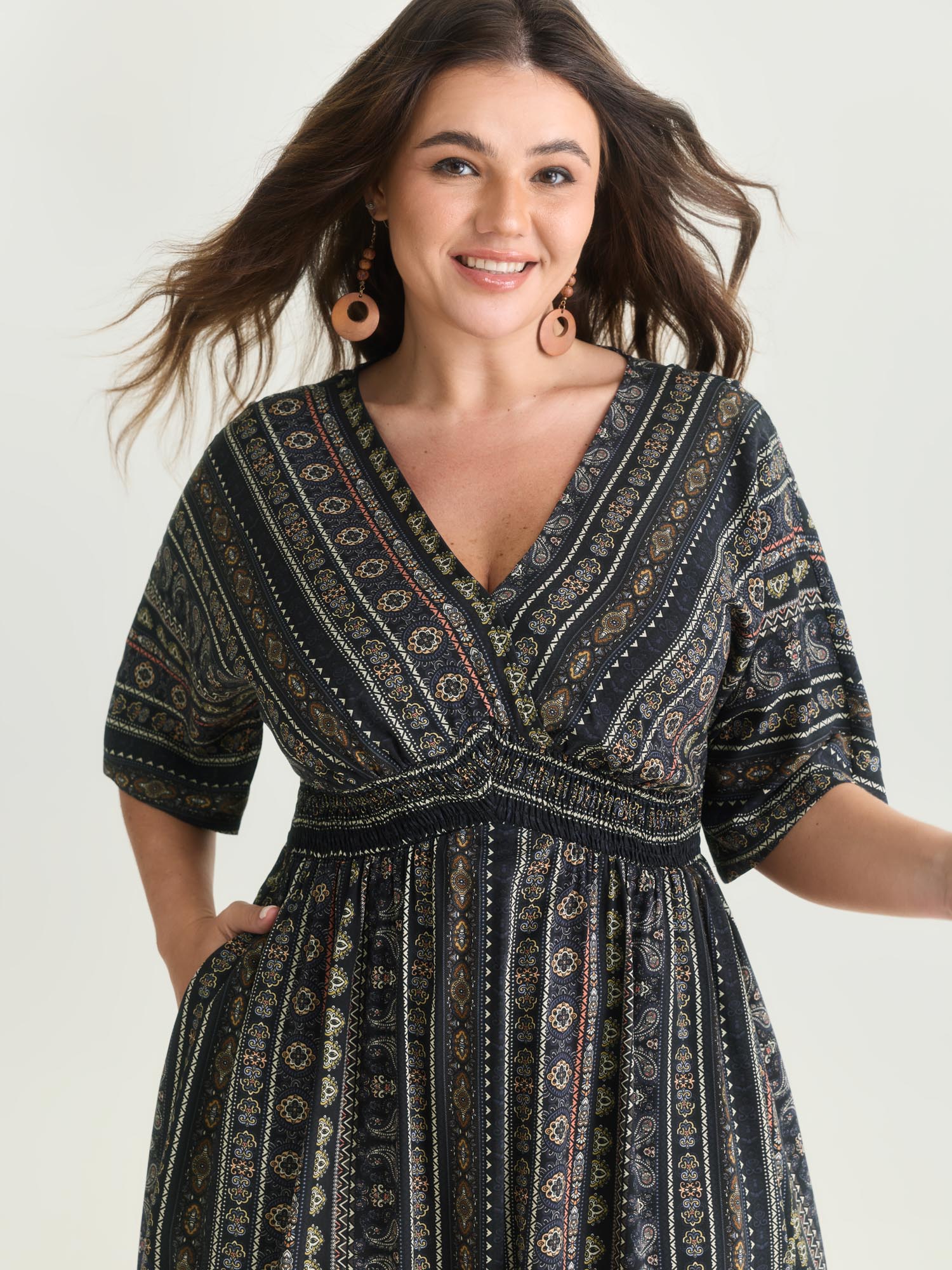 Striped Contrast Dolman Sleeve Shirred Pocket Split Flutter Dress - Image 13