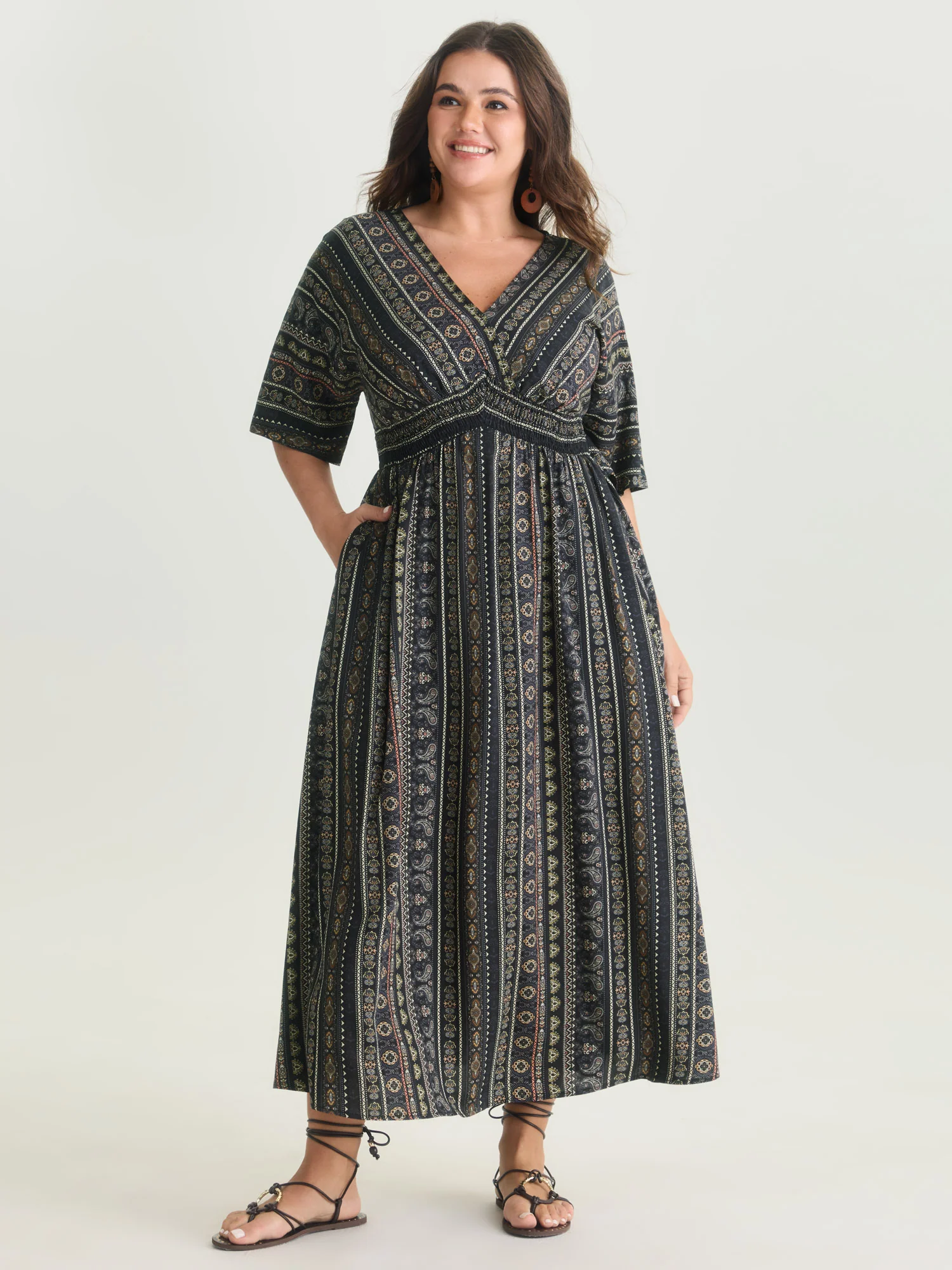 Striped Contrast Dolman Sleeve Shirred Pocket Split Flutter Dress - Image 14