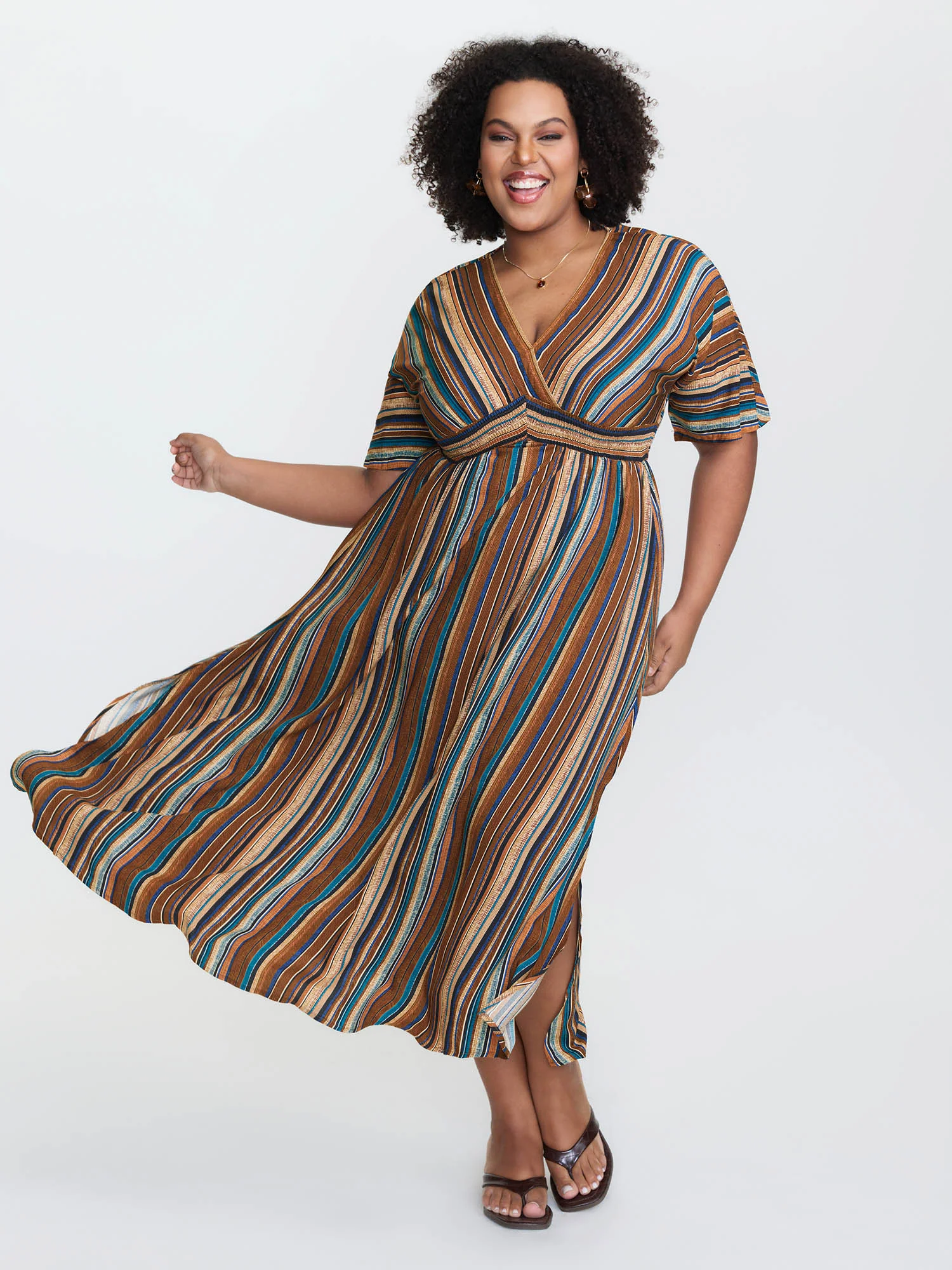 Striped Contrast Dolman Sleeve Shirred Pocket Split Flutter Dress - Image 16