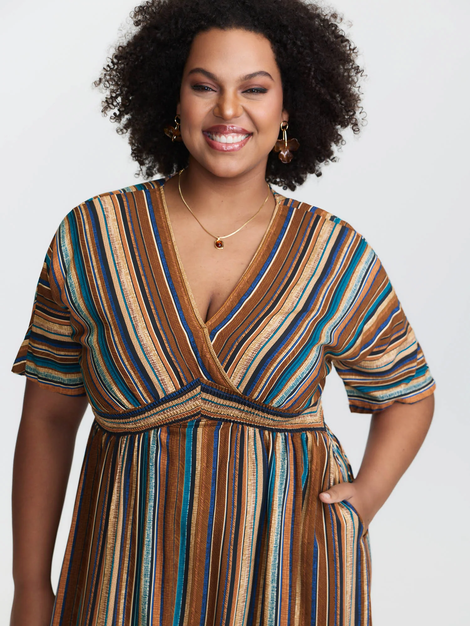 Striped Contrast Dolman Sleeve Shirred Pocket Split Flutter Dress - Image 17