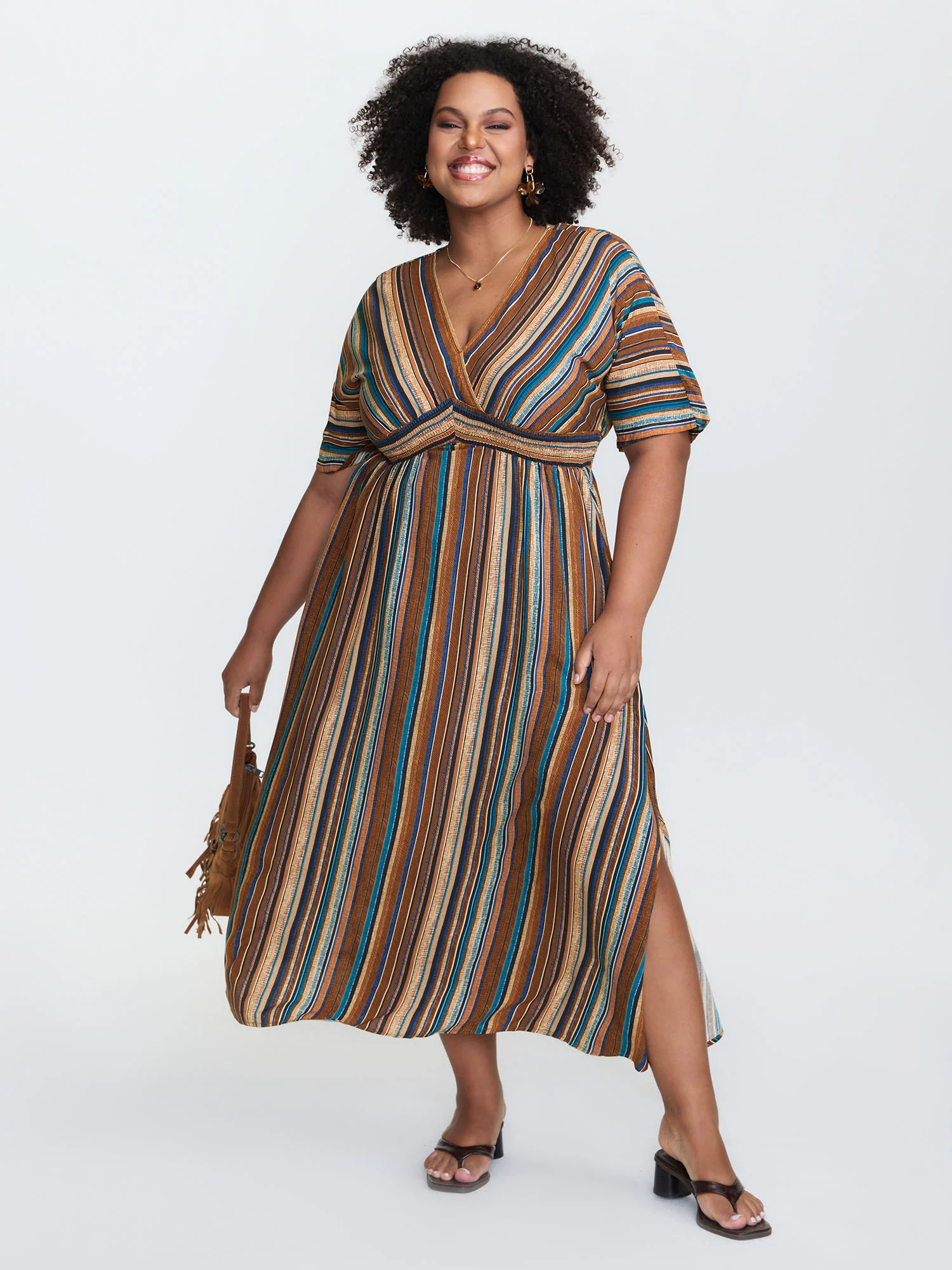 Striped Contrast Dolman Sleeve Shirred Pocket Split Flutter Dress - Image 18