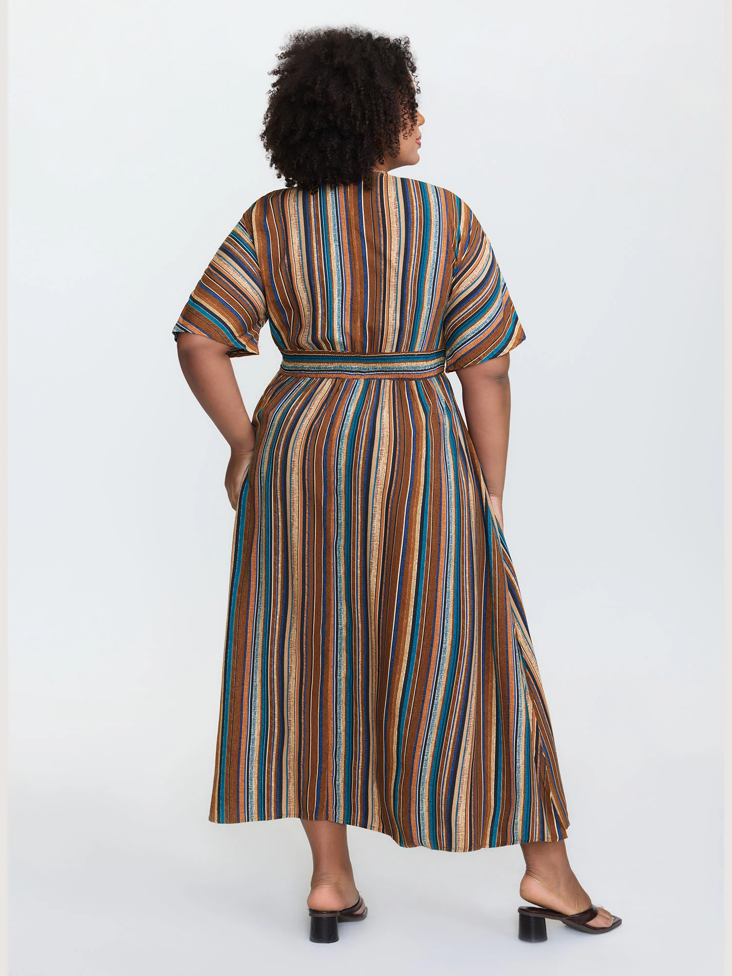 Striped Contrast Dolman Sleeve Shirred Pocket Split Flutter Dress - Image 19